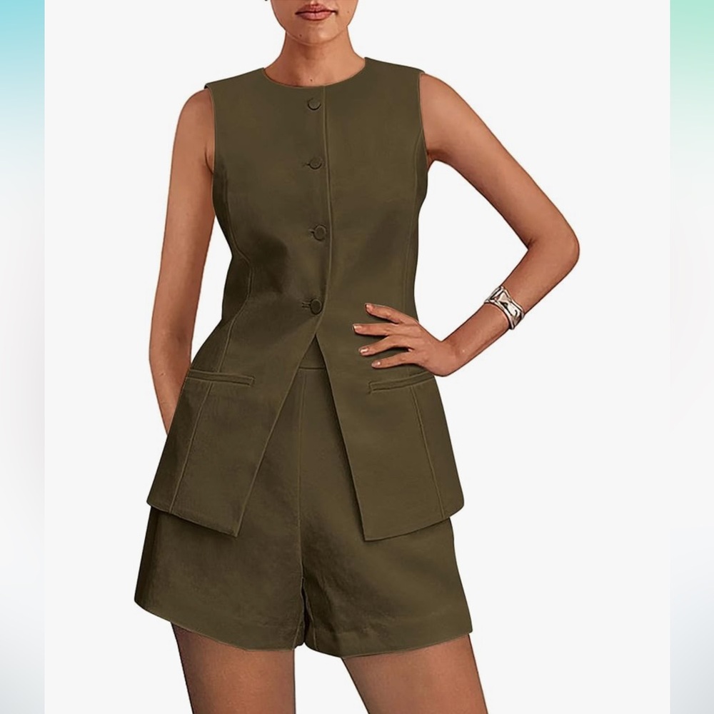 Prettygarden Olive Green Women's Short vest set - Picture 4 of 4